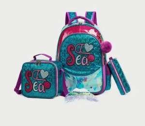 Easy Kids 3-Piece School Bag, Lunch Bag,Pencil Case . Mermaid Sea Green