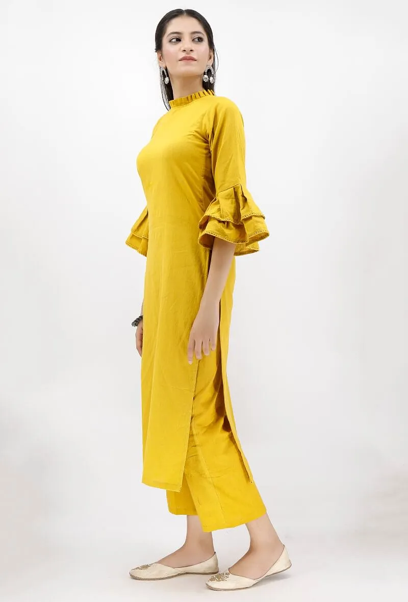 Mustard Cotton Kurta With Victorian Collar