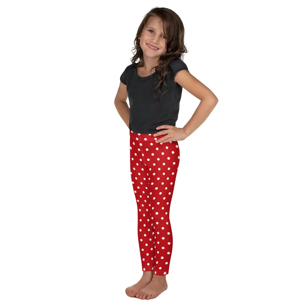 Red and White Polka Dot Kids Leggings (2T-7), Girls Christmas Yoga Pants Printed Print Cute Graphic Workout Running Gym Fun Designer